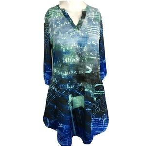 NWT Azalea Firmiana‎ Shirt Womens Sz M Blue Music Print 3/4 Sleeve Tunic Top